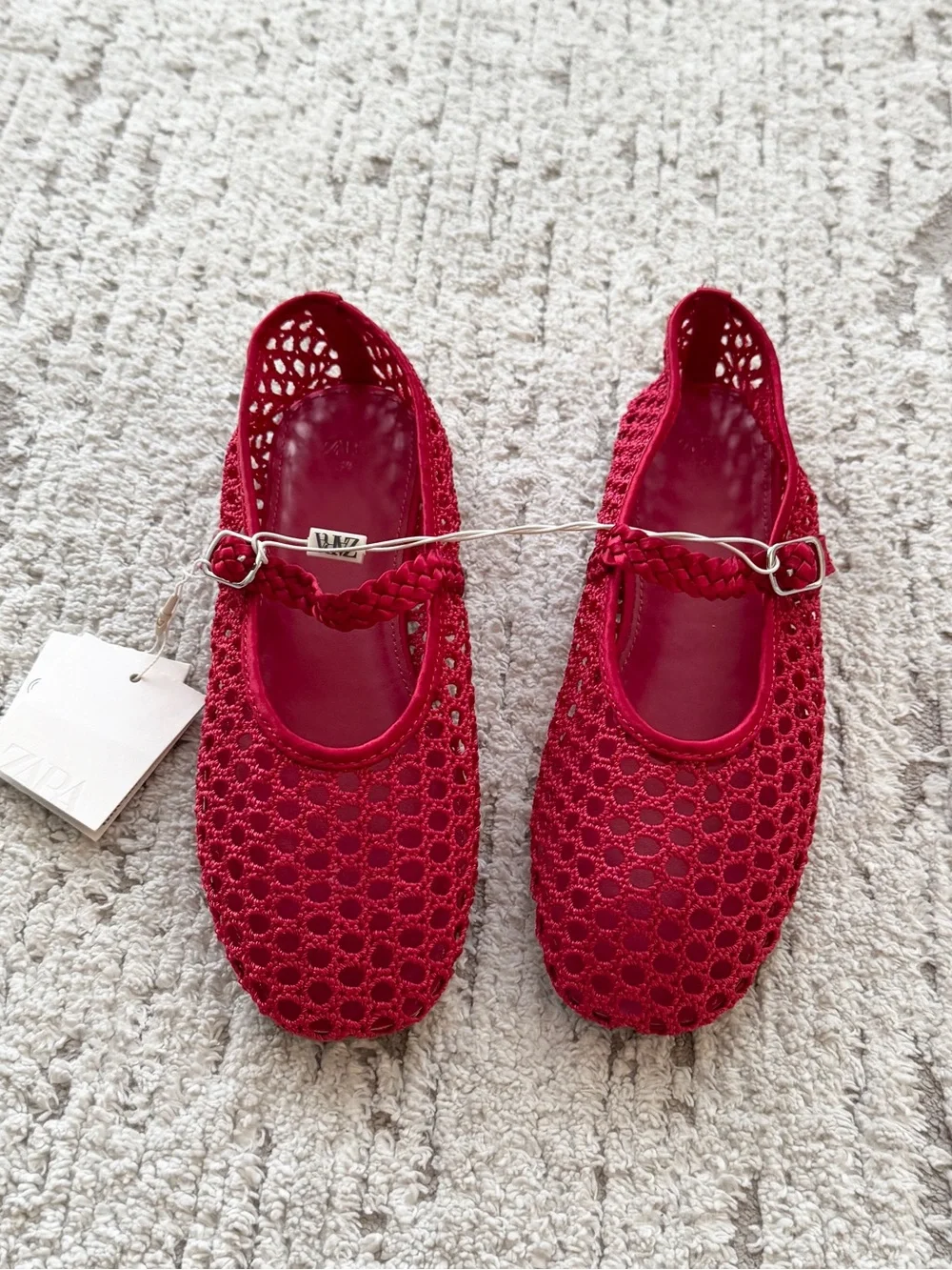 ZARA Red Crochet Mary Jane Shoes with Braided Strap